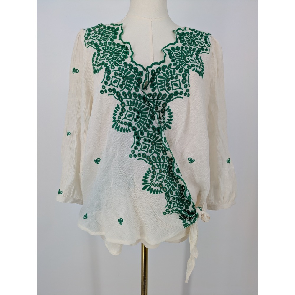 Hope Springs Blouse Women Large Ivory Green Embroidered Wrap Side Tie Layer Boho